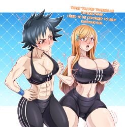 2girls absurd_res after_exercise arisawa_tatsuki big_breasts black_hair black_shorts bleach bloomers blush breast_envy breast_focus breast_size_difference breasts cleavage female female_only fully_clothed gym_shorts huge_breasts inoue_orihime jealous karuro-kun large_breasts light-skinned_female light_skin long_hair looking_at_breasts looking_at_partner medium_support_(meme) meme meme_attire midriff multiple_girls muscular muscular_female nipples orange_hair puffy_nipples short_hair small_breasts sports_bra staring staring_at_breasts sweat sweatdrop sweating tatsuki_arisawa toned workout_clothes