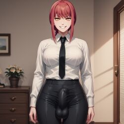 1futa ai_generated big_penis black_pants bulge chainsaw_man erect_penis erection evil_grin futa_only futa_sans_pussy futanari happy huge_cock macorony makima_(chainsaw_man) office_lady penis penis_outline red_hair ringed_eyes smile smiling smiling_at_viewer solo standing