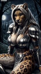 ai_generated animal_ears anthro armor artist_name breasts cleavage female female_anthro full_moon furry furry_female hi_res high_resolution highres large_breasts leopard_ears long_hair looking_at_viewer moon navel night outdoors photorealistic realistic shoulder_armor sitting solo stable_diffusion tail tree twitter twitter_username watermark yiffyjiffy2 yiffyjiffy69