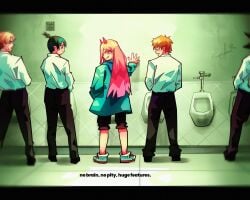 bathroom chainsaw_man comedy denji_(chainsaw_man) dragon_ball female_using_urinal hayakawa_aki implied_futanari is_that_goku? joke kishibe_(chainsaw_man) power_(chainsaw_man) son_goku