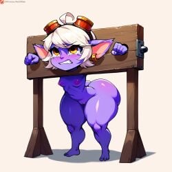 ai_generated big_ass big_butt brax_(artist) league_of_legends naked pillory purple_skin shortstack smaller_female stuck stuck_in_object tristana wide_hips yordle