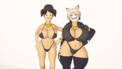 :3 belly_piercing big_breasts big_thighs bikini_top cat_girl ear_ring female femboy gold hot_body michelle_the_queen rec_room rec_room_avatar smiling