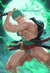 abs ai_generated balls bara baraboys biceps big_balls big_penis erection green_hair male male_nipples male_only male_pubic_hair muscular_male nipples nude one_piece pecs penis roronoa_zoro scar