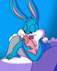 blue_fur bugs_bunny buster_bunny drooling furry gay gay_sex grey_skin holding_penis licking_penis looney_tunes tiny_toon_adventures warner_brothers