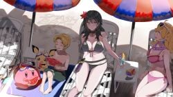 1boy 1other 2girls absurdres alternate_costume ao_hito beach bikini black_bikini black_swimsuit blonde blonde_hair blonde_male blue_eyes blush breasts byleth_(female)_(fire_emblem) byleth_(female)_(summer)_(fire_emblem) byleth_(fire_emblem) cleavage crossover female fire_emblem fire_emblem:_three_houses fire_emblem_heroes flower flower_in_hair food fruit generation_2_pokemon grapes highres kirby kirby_(series) large_breasts link male mario_(series) multiple_girls nintendo ocarina_of_time official_alternate_costume orange_(fruit) outdoors pichu pink_bikini pink_body pink_skin pink_swimsuit pokemon pokemon_(species) princess_peach sand_writing sideboob sunglasses super_mario_odyssey super_smash_bros. swim_goggles swimsuit the_legend_of_zelda the_legend_of_zelda:_ocarina_of_time watermelon watermelon_slice yellow_body yellow_skin young young_link