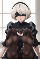 2d ai_generated blindfold cameltoe feet nier:_automata pantyhose pussy pussy_visible_through_thighs shiroppo thighs white_hair yorha_2b