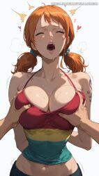 1boy 1girls :o ai_generated bare_arms bare_legs bare_shoulders bare_thighs belly_button bewaretheaimachinegod big_breasts blush cleavage cleavage_overflow closed_eyes color female grabbing_breasts hand_on_breast hi_res large_breasts light-skinned_female light_skin long_hair looking_pleasured male male/female nami nami_(one_piece) no_bra one_piece one_piece_film_strong_world orange_hair pleasure_face pre-timeskip shounen_jump sweat tagme tattoo thick_thighs