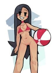 beach_ball black_hair blush bottomless bottomless_female bra breasts choker clouds female female_only hair holding_ball holding_object knees long_hair looking_at_viewer navel nekuzx niku_(nekuzx) public_exposure public_nudity pussy red_bra red_choker simple_background smiling smiling_at_viewer topwear