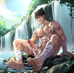 abs balls bandai_namco bara biceps big_balls big_penis cum erection genital_fluids jackray85674939 jin_kazama kazama_jin male male_nipples male_only muscular_male nipples nude pecs penis tekken wet