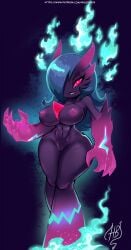 curvy fire full_body fusion gardevoir gengar green_hair hair_over_one_eye hourglass_figure hugothetroll large_breasts long_hair looking_at_viewer nude nude_female oversized_forearms pink_nipples pink_sclera pokemon pokemon_(species) purple_skin sharp_fingernails simple_background smile solo solo_female wide_hips