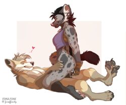 2016 anthro balls biting_lip black_hair bottomless closed_eyes clothed clothes cowgirl_position cum cum_inside female flynx-flink fur hair heart hyena lying male mammal nude on_back on_top penetration penis sex simple_background straddling straight tan_fur tan_hair