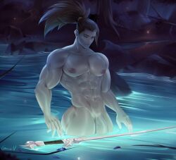 abs ass completely_nude league_of_legends male male_focus male_only muscles muscular muscular_male nipples nude_male pecs penis penis_peek solo solo_focus solo_male sword thick_thighs veiny_penis yasuo