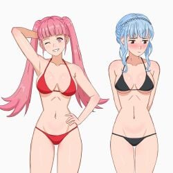 2girls alternate_costume arm_behind_head armpits arms_behind_back bangs bikini black_bikini black_swimsuit blue_hair blush braid brown_eyes embarrassed female female_only fire_emblem fire_emblem:_three_houses grin hilda_valentine_goneril light_blue_hair looking_at_viewer marianne_von_edmund multiple_girls nintendo one_eye_closed overused23 pink_eyes pink_hair pose red_bikini red_swimsuit sidelocks smile swimsuit twintails white_background wink