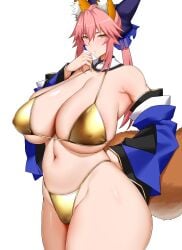 1girls arind_yudha big_breasts bikini breasts busty child_bearing_hips cleavage fate_(series) fox_tail gold_bikini hair_ribbon half-closed_eyes hand_on_hip highres large_breasts legs long_hair looking_at_viewer navel parted_lips pink_hair pink_lips ponytail pose posing ribbon seductive seductive_look sensual solo swimsuit tail tamamo_no_mae_(fate) thick_thighs thighs thong_bikini voluptuous wide_hips yellow_eyes