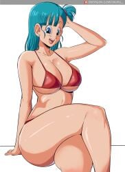 age_difference armpits ass bikini blue_hair breasts bulma_briefs crossed_legs dragon_ball dragon_ball_(classic) earrings female hair_ornament jewelry large_breasts long_hair open_mouth swimsuit teenage_bulma