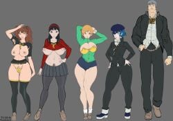 4girls amagi_yukiko armpit_hair big_breasts bigger_male female_armpit_hair hairy_armpits impossible_clothes kujikawa_rise muscular_male narukami_yu persona persona_4 satonaka_chie shirogane_naoto sketch tagme thick_ass thick_legs thick_thighs wankofool