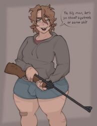 1boy ass balls bandage big_ass big_butt brown_hair bulge bulge_through_clothing clothing curvaceous curvy curvy_figure dialogue english_text femboy fully_clothed girly green_eyes gun huge_ass jacket looking_at_viewer male male_only mole mole_under_eye open_mouth penis rifle scar scar_on_face scars short_hair shorts solo solo_male text therabutt thick_thighs voluptuous voluptuous_male weapon