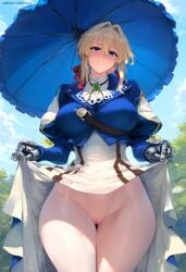 1girls ai_generated big_ass big_breasts big_butt big_nipples big_thighs blonde_hair blue_eyes blush dress dress_lift female huge_ass huge_breasts huge_butt huge_nipples huge_thighs jacket umbrella violet_evergarden wanuze wide_hips