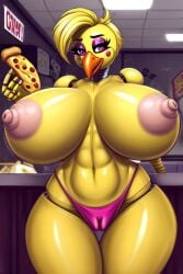 ai_generated animatronic anthro avian beak big_breast big_breasts bird blonde_hair brown_nipples brown_pussy chubby dark_nipples dark_pussy five_nights_at_freddy's full_body_view galliform huge_breasts hyper_breasts large_nipples milf orange_beak pink_shorts pizza_shop robot thong toy_chica_(fnaf) yellow_fur yellow_hair yellow_skin