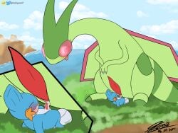 absurd_res balthysstuff blush flygon generation_3_pokemon hi_res lying male male/male mudkip nintendo on_back outside_sex penetration pokemon pokemon_(species) sex size_difference slit_penetration slit_play