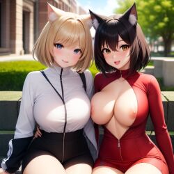 2girls ai_generated anime_style arms arms_behind_back background big_areola big_breasts blonde_hair blushes breasts breasts_out brown_eyes brown_hair buildings cat_ears clothed clouds colored dressed female/female grass hands humanoid jacket jacket_open light-skinned_female light_skin male_pov nature_background neko outside park pov realistic_textures short_hair shoulders sitting sitting_down sitting_on_ground sky small_nipples small_nose smile smiling smiling_at_viewer squished_breasts thick_thighs trees uncensored uncensored_breasts uuuuufdg