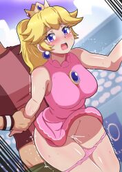 1boy 1girls ambiguous_penetration arm_grab ass bare_arms bare_shoulders blonde_hair blush breasts clothed clothed_female clothed_sex clothing crown cum cum_inside dress earrings female female_focus from_behind from_behind_position hameneko jewelry looking_at_viewer male mario_(series) mario_tennis outdoors panties panties_around_leg panties_down pants_down pink_shirt ponytail princess_peach public purple_eyes sex shirt sleeveless sleeveless_dress standing standing_sex sweat taken_from_behind thighs