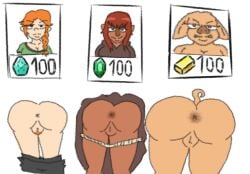 3girls alex_(minecraft) artist_upload bottomless female_only ginger_hair glory_wall green_eyes minecraft pig_girl piglin portrait_on_wall presenting_ass presenting_hindquarters prostitution pubic_hair pussy pussy_hair robe sign villager_(minecraft) white_background