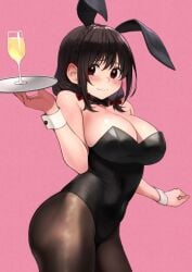 alternative_costume animal_ears animal_tail bangs bare_arms bare_shoulders black_bow black_bowtie black_hair black_legwear black_leotard black_neckwear black_pantyhose blush bow bowtie braid breasts brown_hair brown_legwear brown_pantyhose bunny_ears bunny_girl bunny_tail bunnysuit cleavage closed_mouth clothing covered_navel cowboy_shot cup detached_collar drinking_glass fake_animal_ears female female_only glass hair_ornament hairbow hand_up high_resolution holding holding_object holding_tray izawa_(bhive003) jitoryomaster kono_subarashii_sekai_ni_shukufuku_wo! large_breasts legwear leotard long_hair looking_at_viewer medium_hair navel neckwear nervous_face nervous_smile open_mouth original pantyhose pink_background playboy_bunny red_bow red_eyes revision round_butt shiny shiny_clothes shiny_hair shiny_skin simple_background smile solo standing strapless strapless_leotard tail third-party_edit tied_hair tray wine_glass wrist_cuffs yunyun_(konosuba)