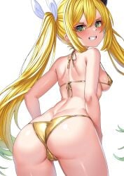 1girls ass ass_focus back back_view bare_back bare_shoulders big_ass big_butt bikini blonde_hair blush butt butt_focus ceijin dokibird exposed_back exposed_shoulders gold_bikini green_eyes indie_virtual_youtuber long_twintails looking_at_viewer looking_back looking_smug medium_breasts sideboob small_breasts smile smiling smiling_at_viewer smug smug_face smug_smile solo solo_female solo_focus twintails virtual_youtuber white_background yellow_hair