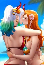 2girls ai_generated artist_request beach bikini female female_focus female_only kissing nami nami_(one_piece) one_piece two_tone_hair wholesome yamato_(one_piece) yuri