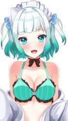 1girls bare_shoulders blue_eyes blush bowtie braid cleavage exposed_shoulders fangs ghost_girl gradient_hair green_bra hair_ribbons happy hi_res highres indie_virtual_youtuber light_blush looking_at_viewer maid_headdress medium_breasts mint_fantome panpan_(4kun) ribbons smiling_at_viewer solo solo_female solo_focus twintails two_tone_hair upper_body virtual_youtuber white_background