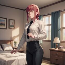 ai_generated black_pants chainsaw_man female macorony makima_(chainsaw_man) office_lady red_hair ringed_eyes surprised