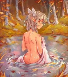 alfhilde autumn autumn_leaves bare_arms bare_ass bare_back bare_shoulders bath bathing bathing_pool blush brown_hair elf_ears forest green_eyes hair_braid head_wings lake looking_back looking_back_at_viewer looking_behind nearly_nude neuuen outside pool short_hair slim_waist surprise surprised surprised_expression towel towel_only undressing undressing_self valkyrie virtual_youtuber vtuber washing wet wet_body wet_hair wet_skin