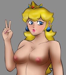 1girls 2021 beniswaifu blonde_hair blue_earrings blue_eyes breasts female female_only grey_background long_hair mario_(series) naked nipples nude peace_sign princess princess_peach simple_background solo upper_body yellow_crown