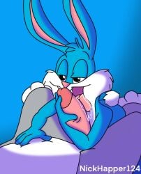 blue_fur bugs_bunny buster_bunny drooling furry gay gay_sex grey_skin holding_penis licking_penis looney_tunes tiny_toon_adventures warner_brothers