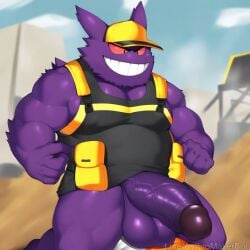 ai_generated buff construction_site construction_worker evil_grin gengar huge_cock muscular muscular_anthro muscular_male pokemon pokemon_(species) pokephilia thick_penis