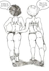 2girls ass ass_focus backboob black_and_white clothed_female dragon_ball_z erasa facing_away gym_clothes gym_shorts gym_uniform lifting_shorts short_shorts thewritefiction videl videl_(short_hair) wedgie working_out