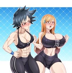 2girls absurd_res after_exercise arisawa_tatsuki big_breasts black_hair black_shorts bleach bloomers blush breast_envy breast_focus breast_size_difference breasts cleavage female female_only fully_clothed gym_shorts huge_breasts inoue_orihime jealous karuro-kun light-skinned_female light_skin long_hair looking_at_breasts looking_at_partner medium_support_(meme) meme meme_attire midriff multiple_girls muscular muscular_female nipples orange_hair puffy_nipples short_hair small_breasts sports_bra staring staring_at_breasts sweat sweatdrop sweating tatsuki_arisawa toned workout_clothes