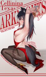 1girls 2024 animal_ear_fluff animal_ears arknights armpits arms_behind_back arms_up artist_name artist_signature bare_back black_hair blush bondage bound cuffs female female_only femsub fully_clothed hi_res high_heels kemonomimi knightfault light-skinned_female light_skin long_hair looking_at_viewer looking_back medium_breasts no_bra no_panties pantyhose simple_background solo tail texas_(arknights) tied tied_hands tied_up virgin_killer_sweater wolf_ears wolf_girl wolf_tail yellow_eyes