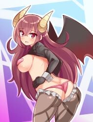 adult_kurona ass black_jacket breasts brown_hair commission cougar_(cougar1404) cowboy_shot cropped_jacket demon_girl demon_horns embarrassed female frills from_behind gal_guardians:_demon_purge gal_gun heart_pasties horns jacket kurona_(gal_gun) large_breasts long_hair looking_at_viewer looking_back meme_attire pasties pink_hair reverse_bunnysuit reverse_outfit skeb_commission solo