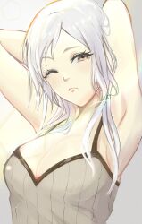 1girls ;( alternate_hairstyle armpits arms_behind_head arms_up breasts brown_eyes camisole cleavage closed_mouth commentary female female_only fire_emblem fire_emblem_awakening grey_background head_tilt highres inusukino1 long_hair medium_breasts nintendo one_eye_closed robin_(female)_(fire_emblem) robin_(fire_emblem) robin_(fire_emblem)_(female) solo spaghetti_strap upper_body white_hair