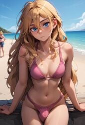 1futa 2d ai_generated arm_support beach bikini blonde_hair blue_eyes blue_sky bulge futanari long_hair looking_at_viewer medium_breasts navel original original_character outdoors penis_in_panties petite pink_bikini pink_panties santopati self_upload sitting slim slim_waist small_breasts solo uncensored