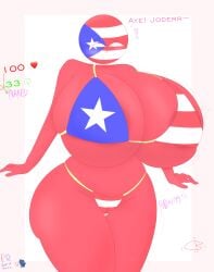 big_breasts bikini bikini_bottom bikini_top breast_expansion breast_inflation c10ckw07k confused_look countryhumans countryhumans_girl giant_breasts hyper_breasts inflated_breasts puerto_rico_(countryhumans) strip_game