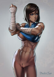 1girls abs artist_name avatar_legends bandaged_arm bandages bandaid bandaid_on_face bare_shoulders belly big_breasts blue_eyes bottomless breast_slip breasts brown_hair clenched_hand closed_mouth clothing collar contrapposto cowboy_shot crop_top dandon_fuga dark-skinned_female dark_skin extremely_large_filesize female female_only hair_between_eyes hand_on_own_arm high_resolution holding_arm hourglass_figure korra large_breasts large_filesize legs looking_to_the_side midriff muscle muscular muscular_female navel nickelodeon nipples one_breast_out pubic_hair pussy serious short_hair solo sportswear standing stomach straight_hair the_avatar the_legend_of_korra thighs toned toned_female vagina very_high_resolution water_tribe