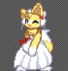 anthro blush fluffy_tail fox_ears fox_girl furry holding_flowers not_porn pixel_art red_flowers spookicookie wedding_dress winking_at_viewer