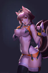 animal_ears blazblue breasts brown_hair evasolo female large_breasts makoto_nanaya navel nipples pussy red_eyes short_hair solo tail uncensored