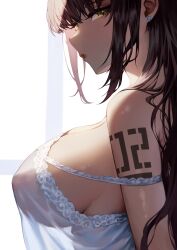 black_hair blue_archive breasts commentary_request dark-skinned_female dark_skin female hair_over_shoulder highres karin_(blue_archive) large_breasts long_hair looking_at_viewer parted_lips riro_(rir_0) see-through shoulder_tattoo sleepwear solo tattoo upper_body yellow_eyes