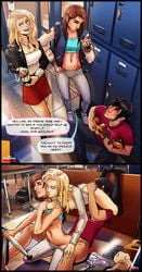 1boy 2girls andava andavaverse backpack bag best_friends blonde_hair blue_eyes braces breasts brianna_(andava) brown_eyes brown_hair choker classroom comic crop_top cunnilingus dominant_female elric_(onewing) english_text erica_andreyko female hallway hug_from_behind instant_loss_2koma letterman_jacket lockers looking_down looking_to_the_side looking_up male necklace nerd nervous nipples oral partially_clothed preppy reverse_spitroast sassy sitting_on_floor skirt speech_bubble sweat text text_bubble threesome ukulele varsity_jacket yoga_pants