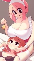 2girls bell big_breasts black_eyes bra brown_hair cleavage close-up female female_only fiz fizintine head_on_lap hi_res kneeling kneeling_on_bed lap_pillow luna_(fizintine) on_bed partially_nude pink_hair red_hair stockings tagme white_stockings wholesome