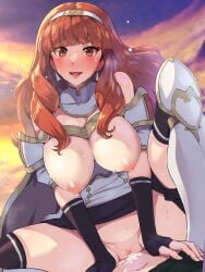 1boy 1girls absurdres alm_(fire_emblem) areola armor armored_boots bangs black_gloves black_panties black_skirt black_thighhighs blush boots boris_(noborhys) breasts breasts_out breasts_out_of_clothes cape celica_(fire_emblem) censored clothed_sex cowgirl_position cum cum_in_pussy cum_inside detached_collar dress earrings elbow_gloves female female_focus fingerless_gloves fire_emblem fire_emblem_echoes:_shadows_of_valentia girl_on_top gloves gradient_sky hairband hetero highres jewelry large_breasts long_hair looking_at_viewer male nintendo nipples open_mouth orange_sky outdoors panties panties_around_one_leg partially_clothed pauldrons purple_sky pussy red_eyes red_hair sex shoulder_armor skirt sky smile solo_focus spread_legs straddling thick_thighs thighhighs thighs twilight vaginal vaginal_penetration white_armor white_dress
